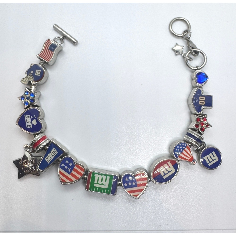 New York Giants NFL Charm Bracelet Silver Tone Patriotic Team Spirit 7.75in
